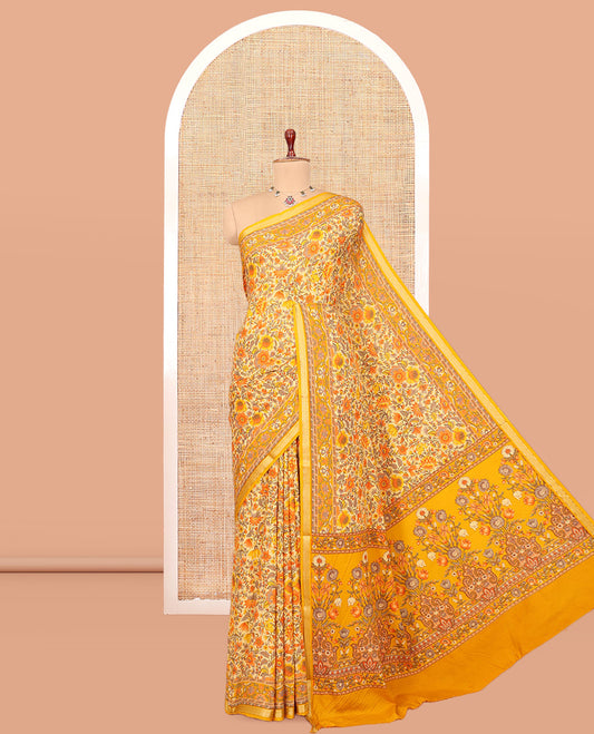 Yellow Printed Silk Saree, Ornamented with Floral Vine Print, a Traditional Zari Border, Floral Pallu, and a Matching Blouse