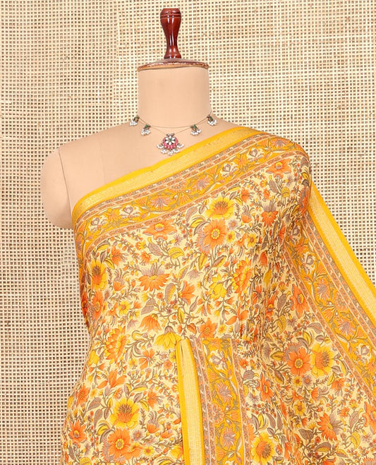 Yellow Printed Silk Saree, Ornamented with Floral Vine Print, a Traditional Zari Border, Floral Pallu, and a Matching Blouse