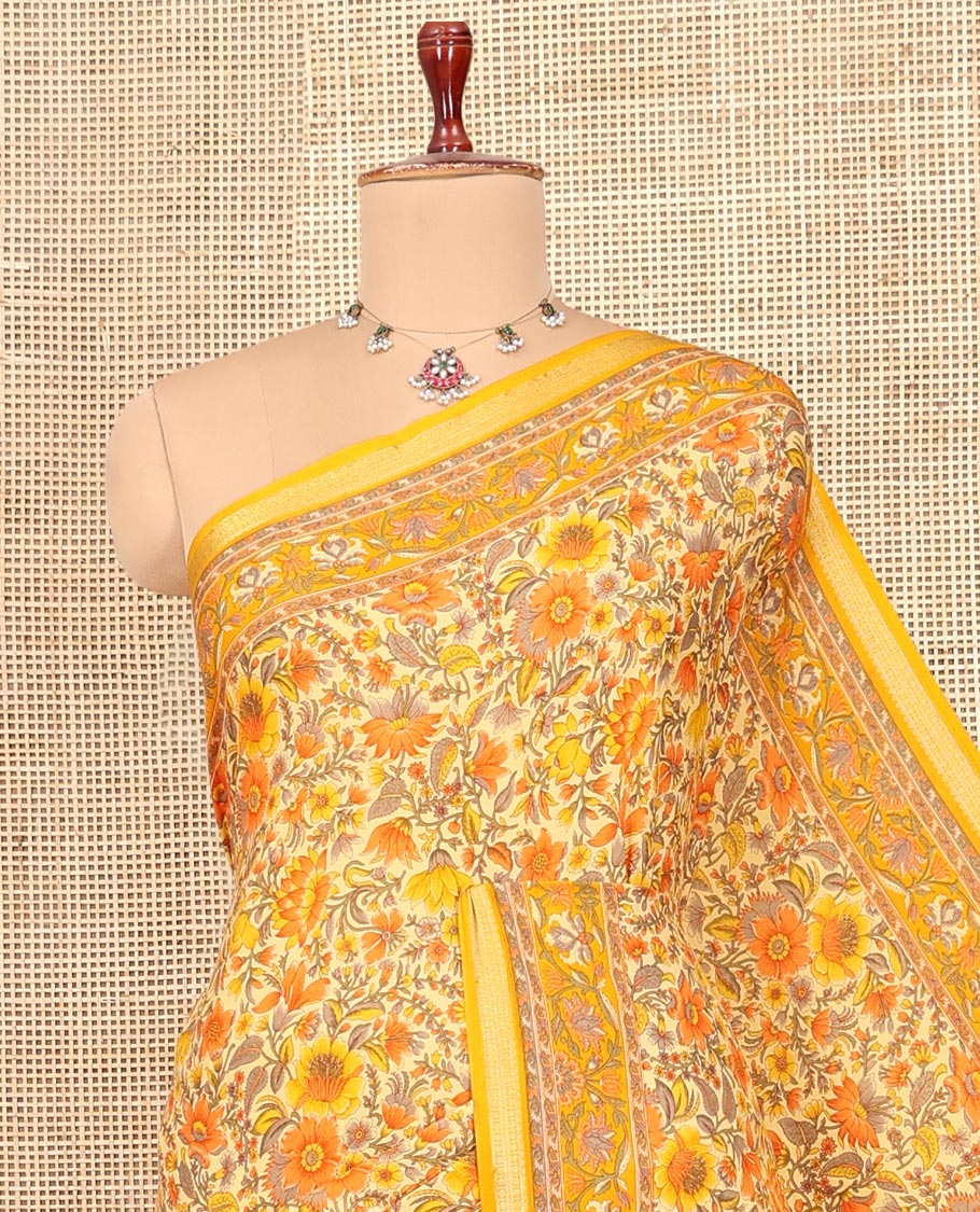 Yellow Printed Silk Saree, Ornamented with Floral Vine Print, a Traditional Zari Border, Floral Pallu, and a Matching Blouse