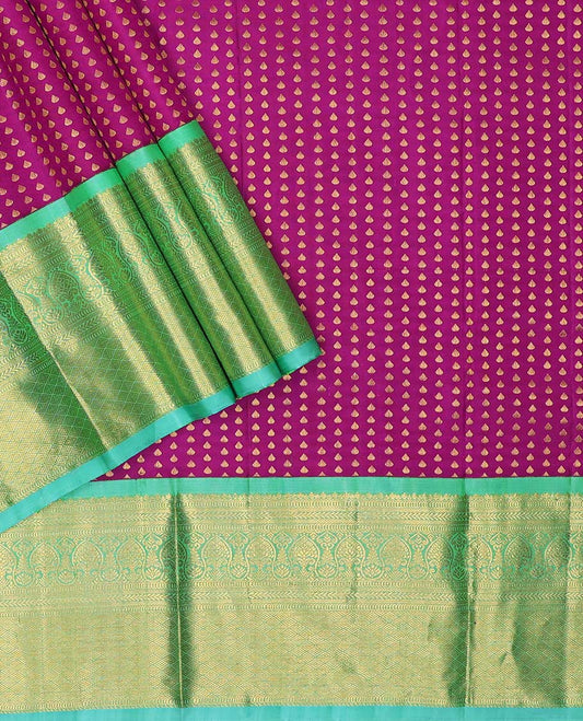 Purple pure silk half-saree, zari buttas skirt, contrast traditional zari motifs steeped border, zari bordered blouse, and contrast leaf jaal dhavani