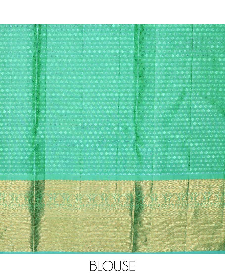 Purple pure silk half-saree, zari buttas skirt, contrast traditional zari motifs steeped border, zari bordered blouse, and contrast leaf jaal dhavani