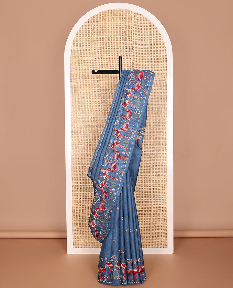 Blue motifs parsi embroidery tussar silk saree with self swan ebroidered border