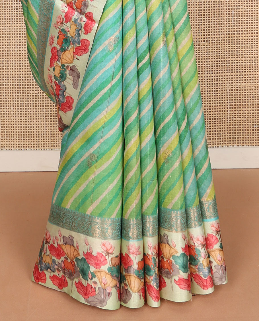 Blue lehariya-style stripes printed tussar saree with zari buttas, contrast traditional zari border of pichwai multi-color floral & cow motifs print & zari striped pallu