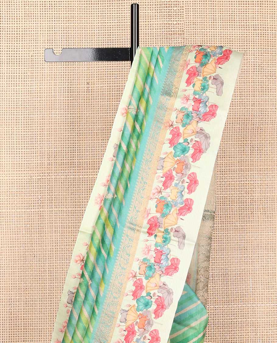 Blue lehariya-style stripes printed tussar saree with zari buttas, contrast traditional zari border of pichwai multi-color floral & cow motifs print & zari striped pallu