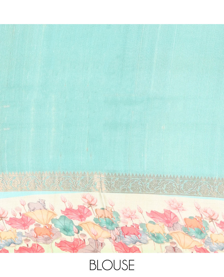Blue lehariya-style stripes printed tussar saree with zari buttas, contrast traditional zari border of pichwai multi-color floral & cow motifs print & zari striped pallu