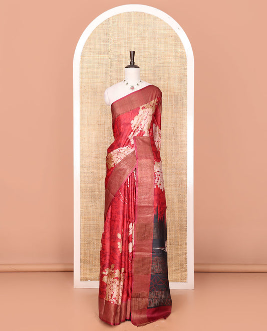 Red Tussar Saree with Floral Silhouette Print, Plain Border, Complementing Contrast-Colored Pallu of Floral-Geometric Theme Print, and a Matching Blouse