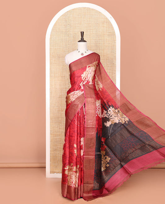 Red Tussar Saree with Floral Silhouette Print, Plain Border, Complementing Contrast-Colored Pallu of Floral-Geometric Theme Print, and a Matching Blouse