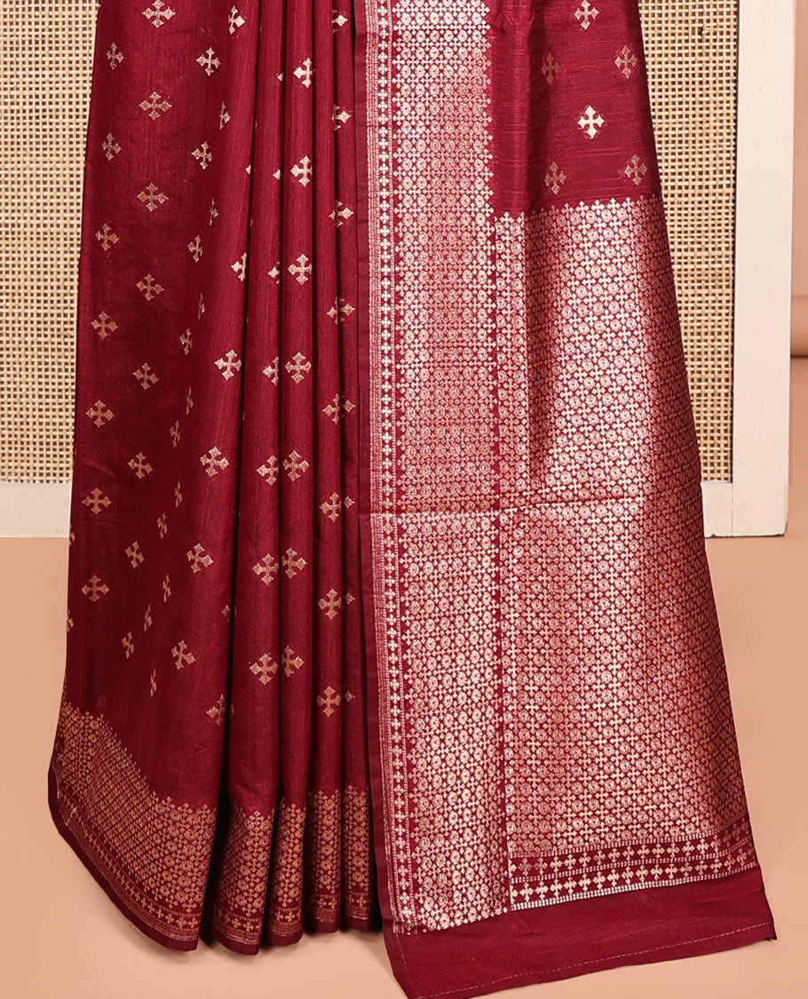 Red Matka Silk Saree, Woven with Buttas All Over Its Body, Highlighted by a Self-Border of Traditional Designs, Intricately Designed Pallu, and Paired with Matching Blouse