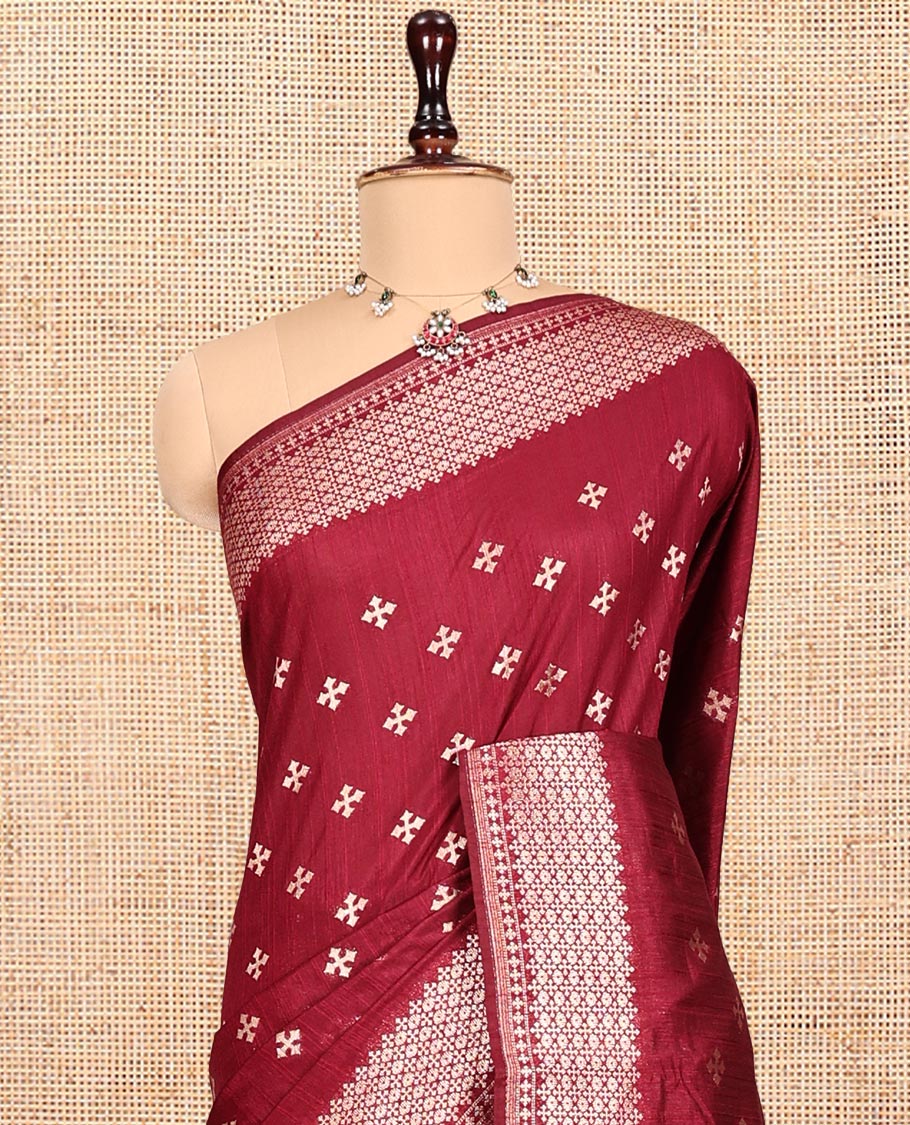 Red Matka Silk Saree, Woven with Buttas All Over Its Body, Highlighted by a Self-Border of Traditional Designs, Intricately Designed Pallu, and Paired with Matching Blouse