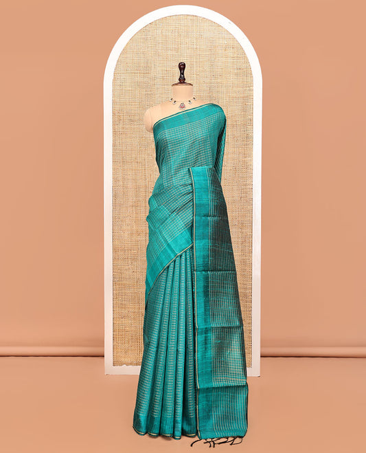 Green Tussar Silk Saree, Adorned with Butta Enclosed Checks, a Subtle Border, a Self-Pallu, and a Matching Blouse