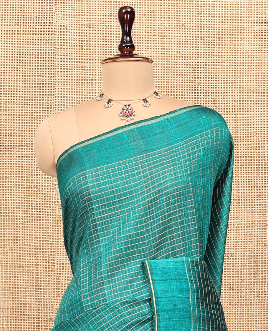 Green Tussar Silk Saree, Adorned with Butta Enclosed Checks, a Subtle Border, a Self-Pallu, and a Matching Blouse