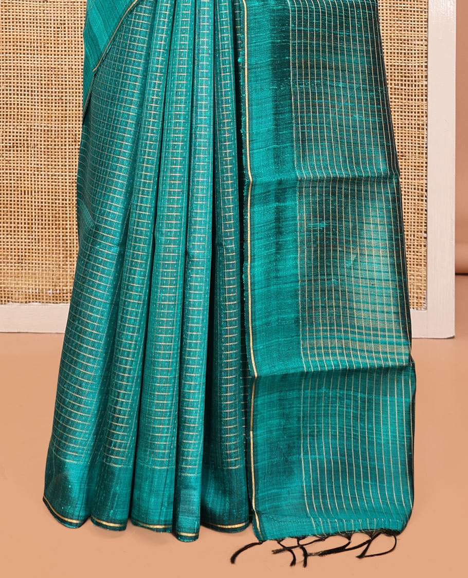 Green Tussar Silk Saree, Adorned with Butta Enclosed Checks, a Subtle Border, a Self-Pallu, and a Matching Blouse