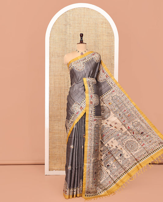 Grey Tussar Silk Saree, Accentuated with Warli Motifs, Contrast Warli Printed Pallu, Warli Pallu, and Contrast Blouse