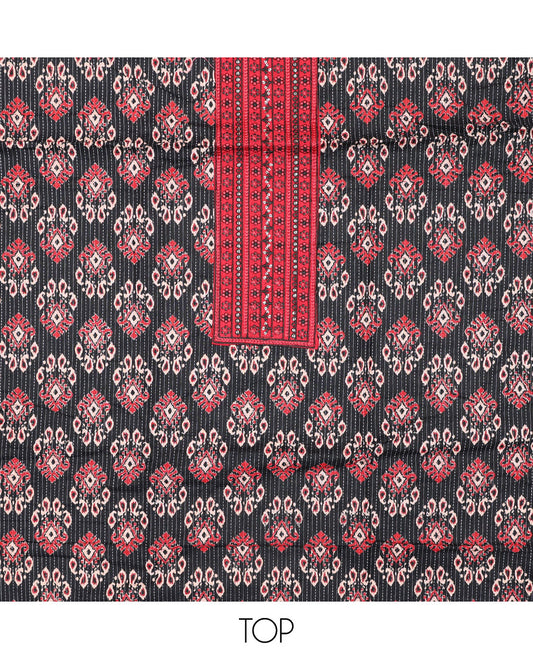 Black chudidhar material set, intricate print & embroidery top, contrast plain bottom, & thread embroidered  dupatta