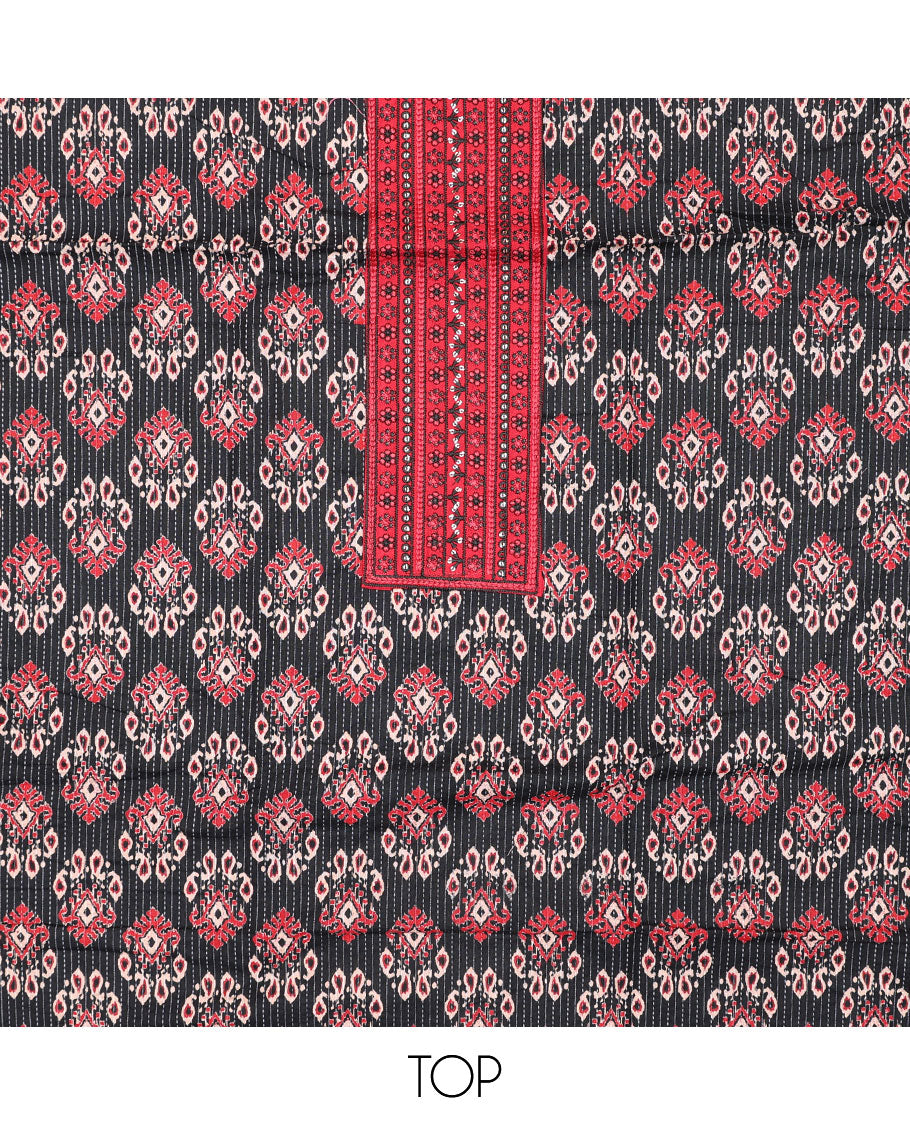 Black chudidhar material set, intricate print & embroidery top, contrast plain bottom, & thread embroidered  dupatta