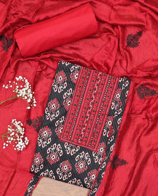 Black chudidhar material set, intricate print & embroidery top, contrast plain bottom, & thread embroidered  dupatta