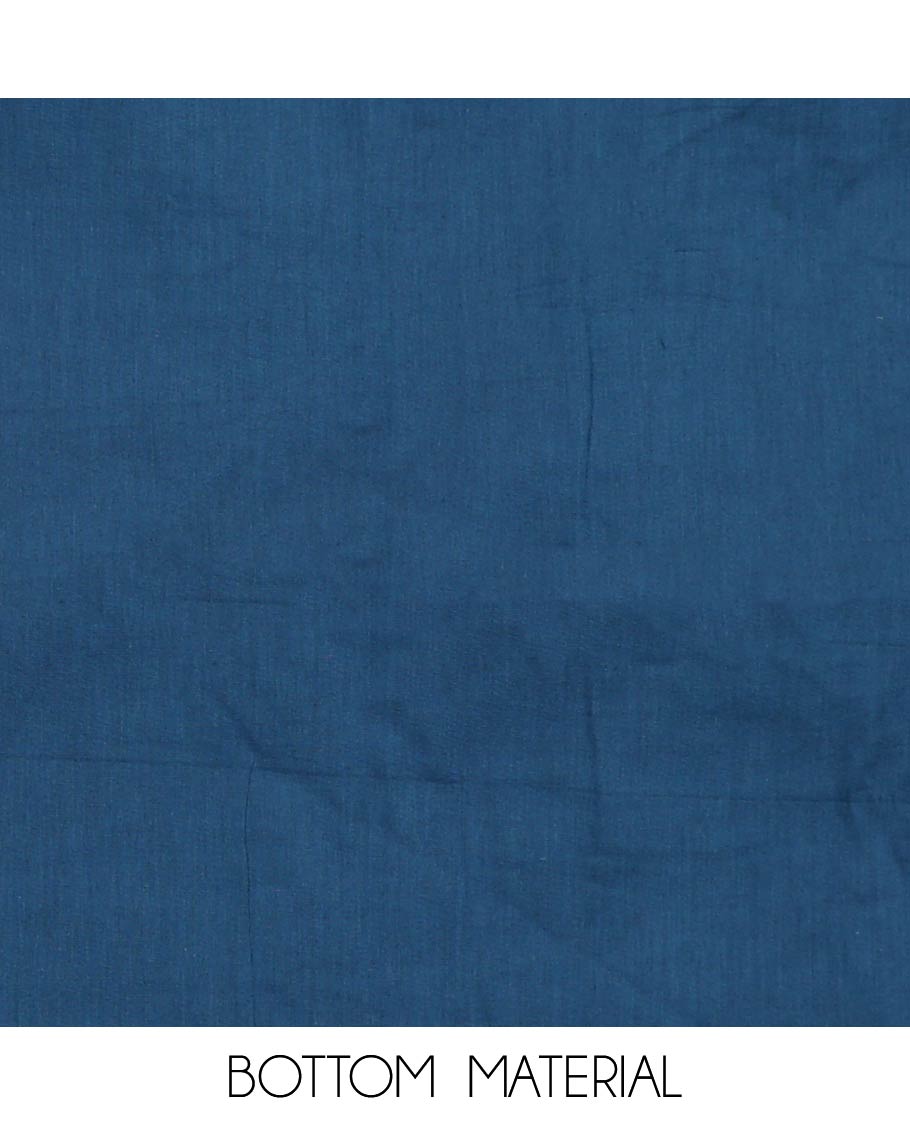 Blue material churidar set, batik printed with neck embroidered cotton top, plain cotton bottom, and shibori printed chiffon dupatta