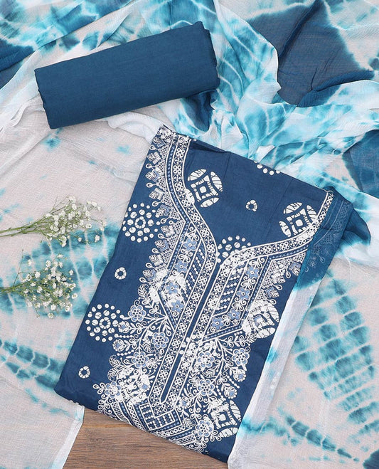 Blue material churidar set, batik printed with neck embroidered cotton top, plain cotton bottom, and shibori printed chiffon dupatta