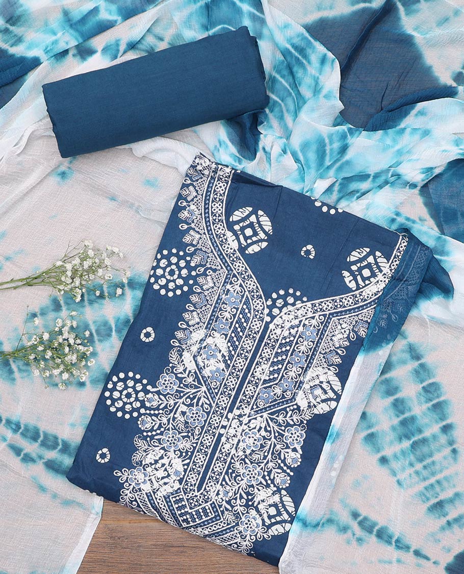 Blue material churidar set, batik printed with neck embroidered cotton top, plain cotton bottom, and shibori printed chiffon dupatta