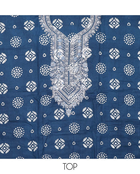 Blue material churidar set, batik printed with neck embroidered cotton top, plain cotton bottom, and shibori printed chiffon dupatta