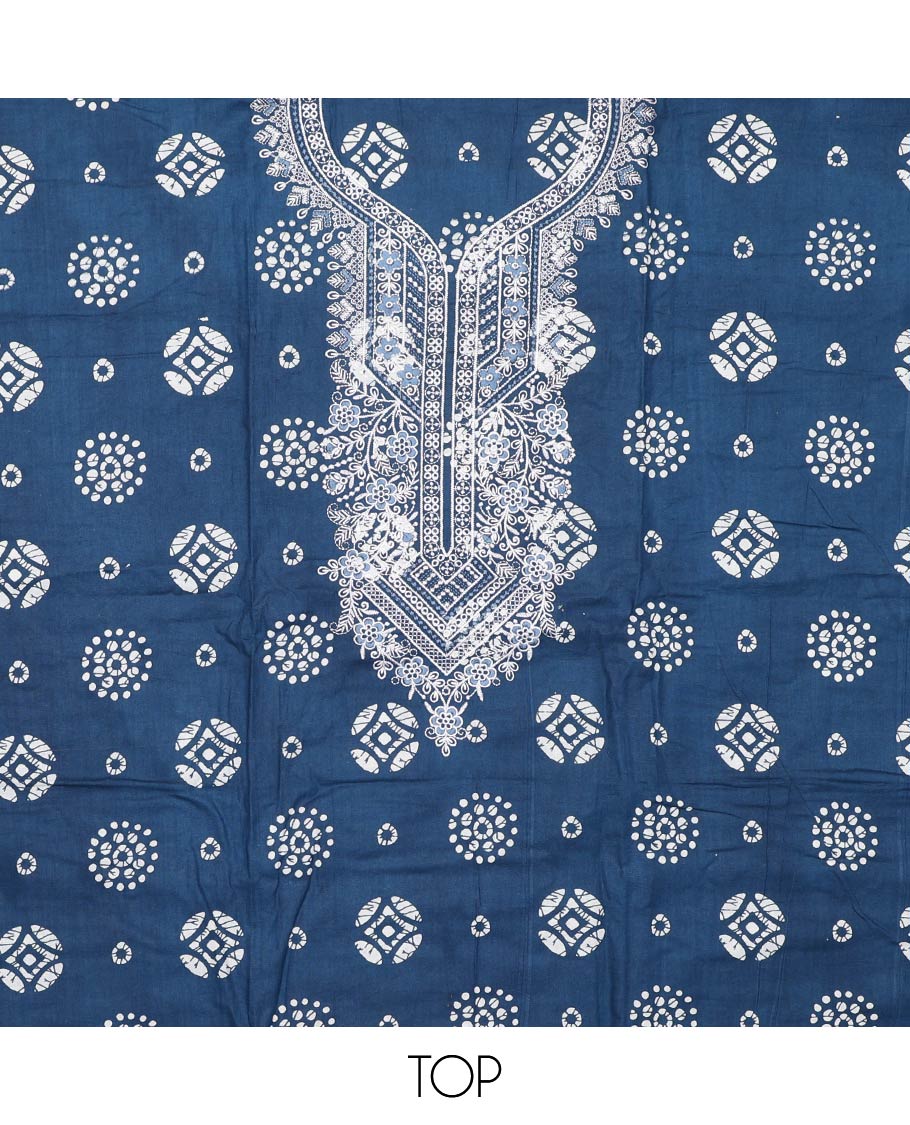 Blue material churidar set, batik printed with neck embroidered cotton top, plain cotton bottom, and shibori printed chiffon dupatta