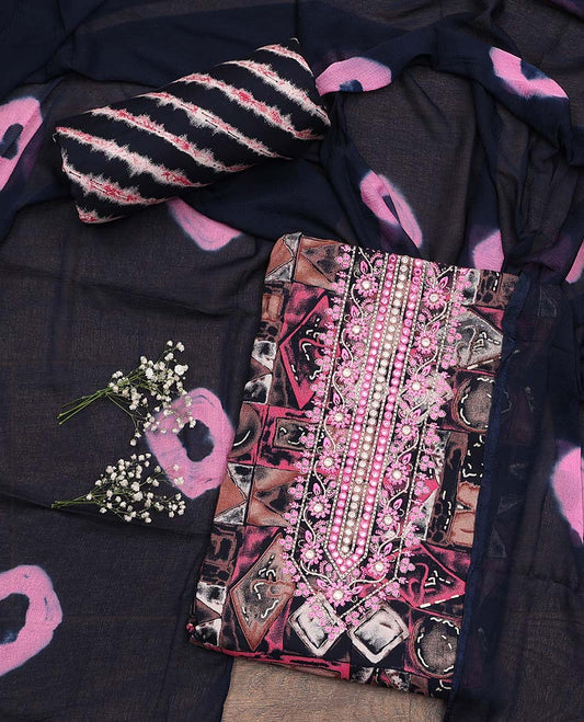 Navy blue material chudidar set, geometric print with neck embroidered top, shibori printed bottom, and dupatta