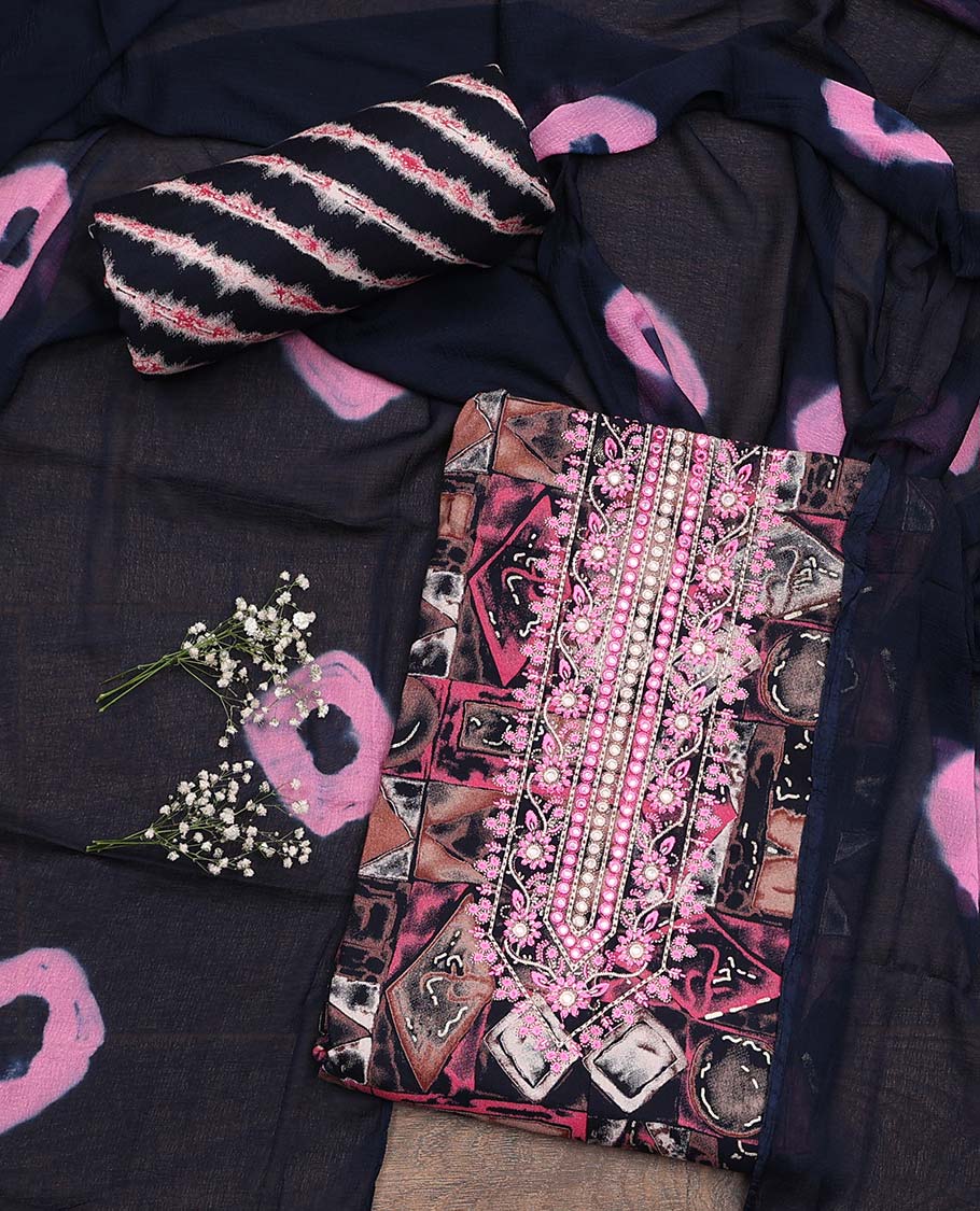 Navy blue material chudidar set, geometric print with neck embroidered top, shibori printed bottom, and dupatta