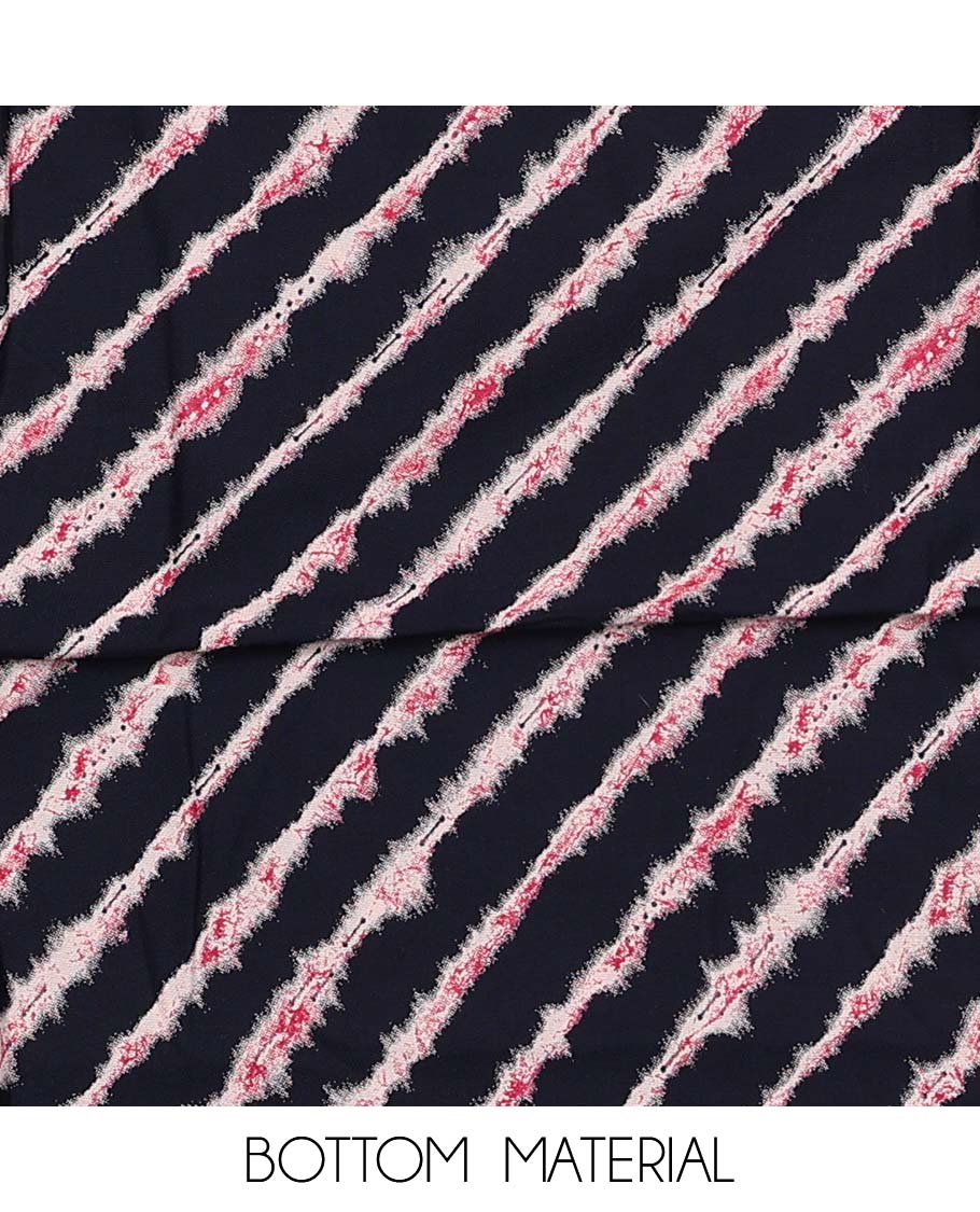 Navy blue material chudidar set, geometric print with neck embroidered top, shibori printed bottom, and dupatta