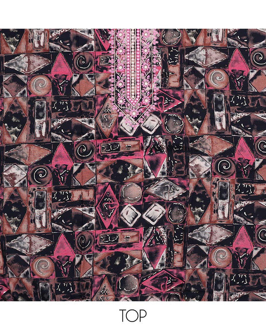 Navy blue material chudidar set, geometric print with neck embroidered top, shibori printed bottom, and dupatta