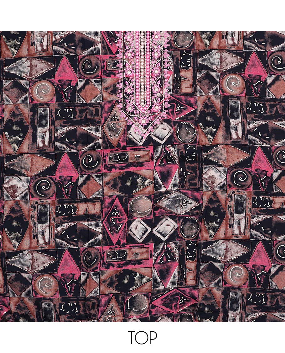 Navy blue material chudidar set, geometric print with neck embroidered top, shibori printed bottom, and dupatta