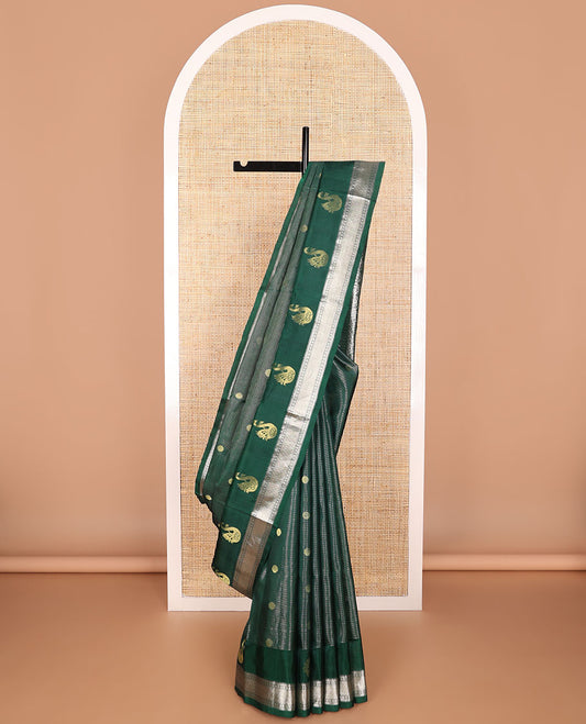 Dark green striped, round motifs venkatagiri silk saree with self zari design border & geometric design pallu