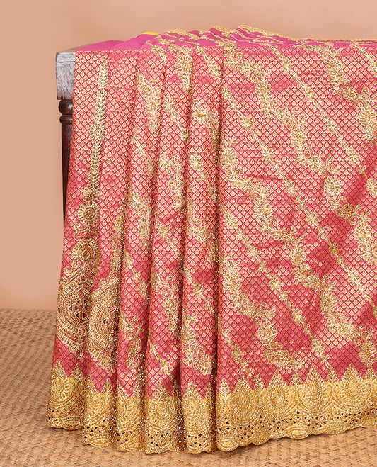 Pink jacquard cut stone embroidered silk saree, contrast scallop cut embroidered border & pallu of floral design & embroidery