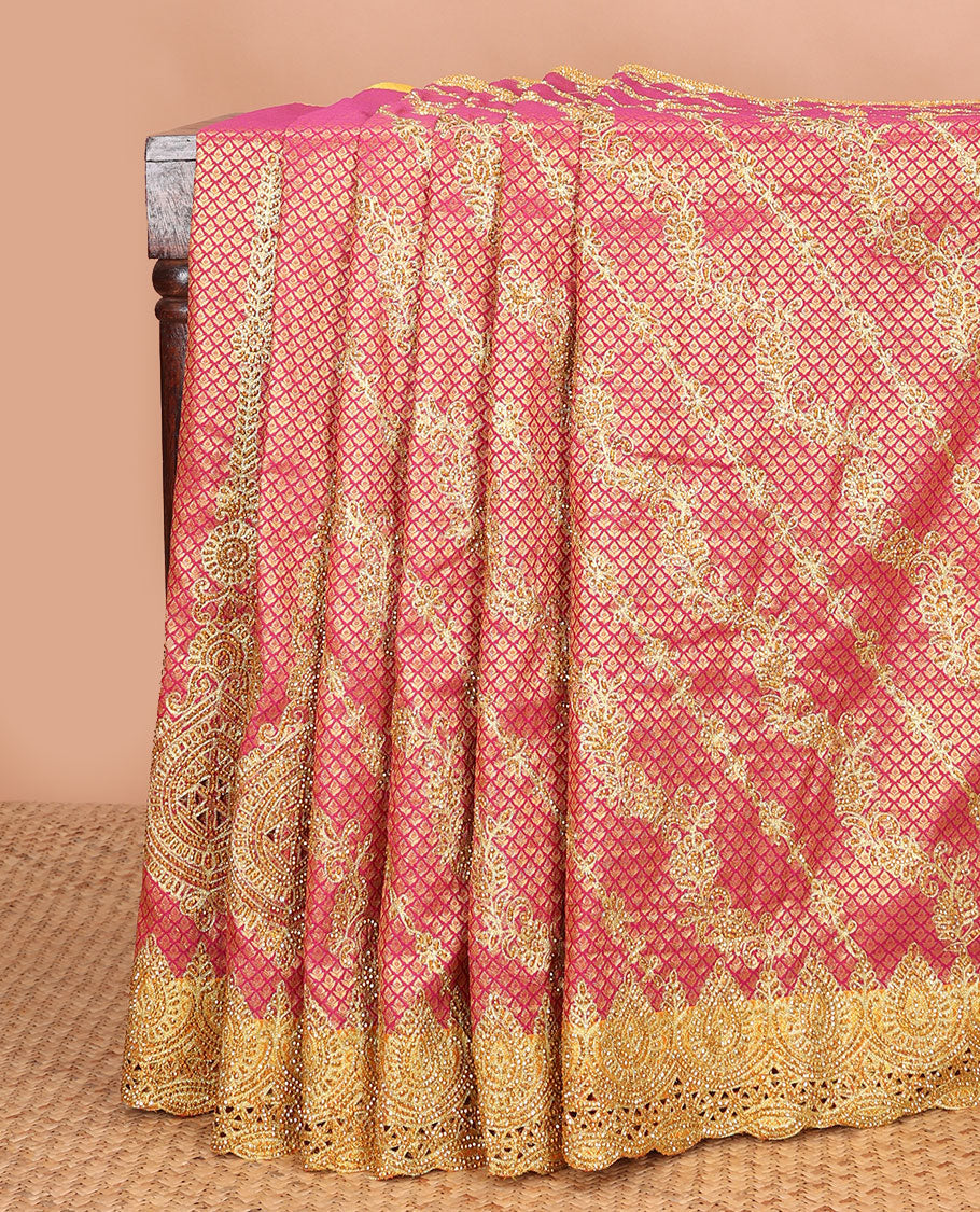 Pink jacquard cut stone embroidered silk saree, contrast scallop cut embroidered border & pallu of floral design & embroidery