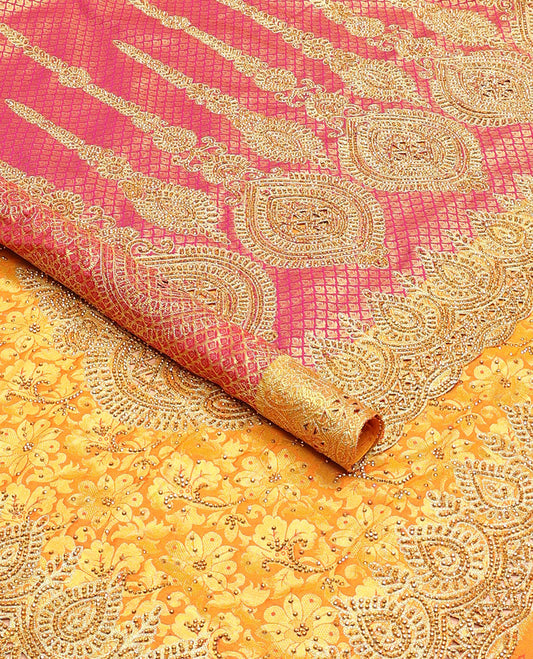 Pink jacquard cut stone embroidered silk saree, contrast scallop cut embroidered border & pallu of floral design & embroidery