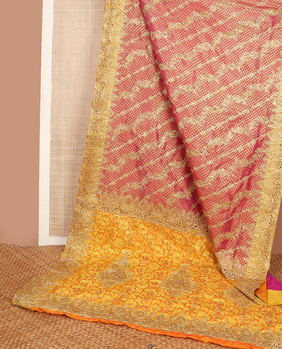 Pink jacquard cut stone embroidered silk saree, contrast scallop cut embroidered border & pallu of floral design & embroidery