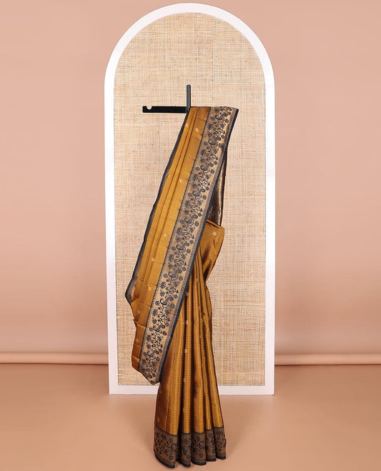 Brown striped, buttas vasundhara elite silk saree with contrast floral dessign border & floral jacquard pallu