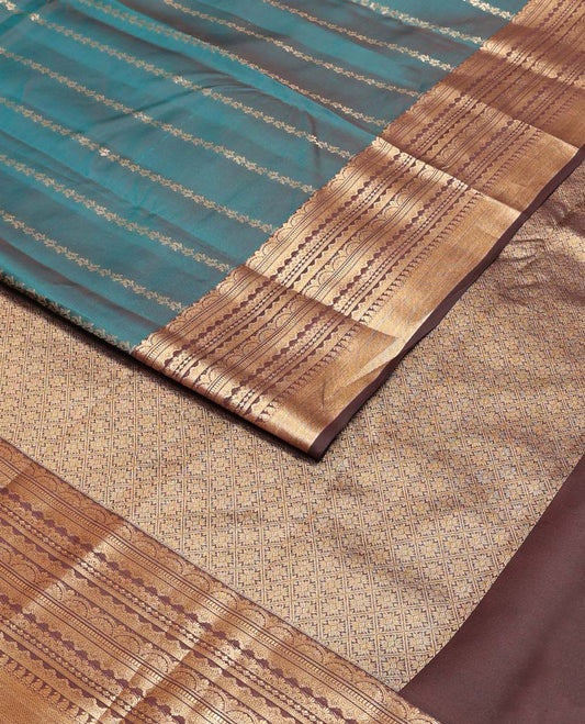 Peacock blue flower stripes Vasundhara silk mix saree, contrast scallop zari designs border & jaal pallu