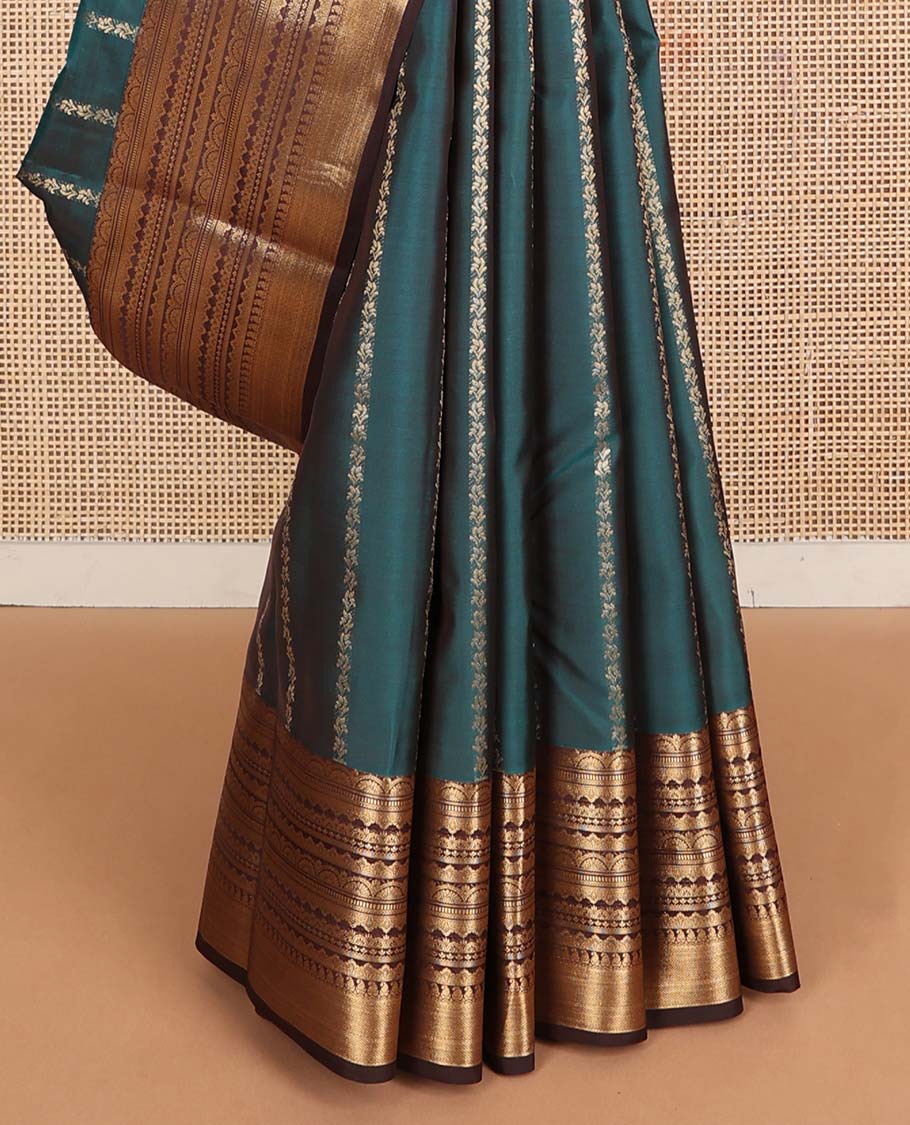 Peacock blue flower stripes Vasundhara silk mix saree, contrast scallop zari designs border & jaal pallu