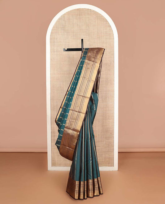 Peacock blue flower stripes Vasundhara silk mix saree, contrast scallop zari designs border & jaal pallu