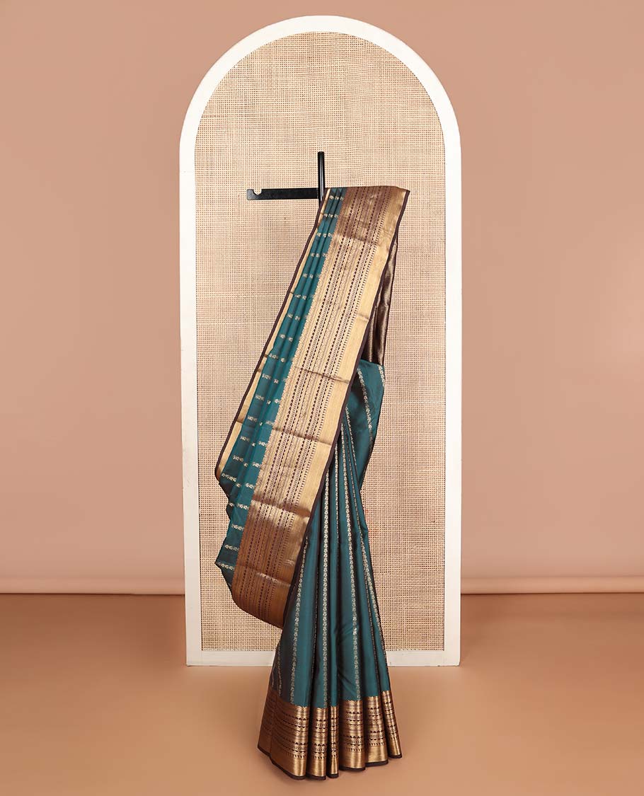 Peacock blue flower stripes Vasundhara silk mix saree, contrast scallop zari designs border & jaal pallu