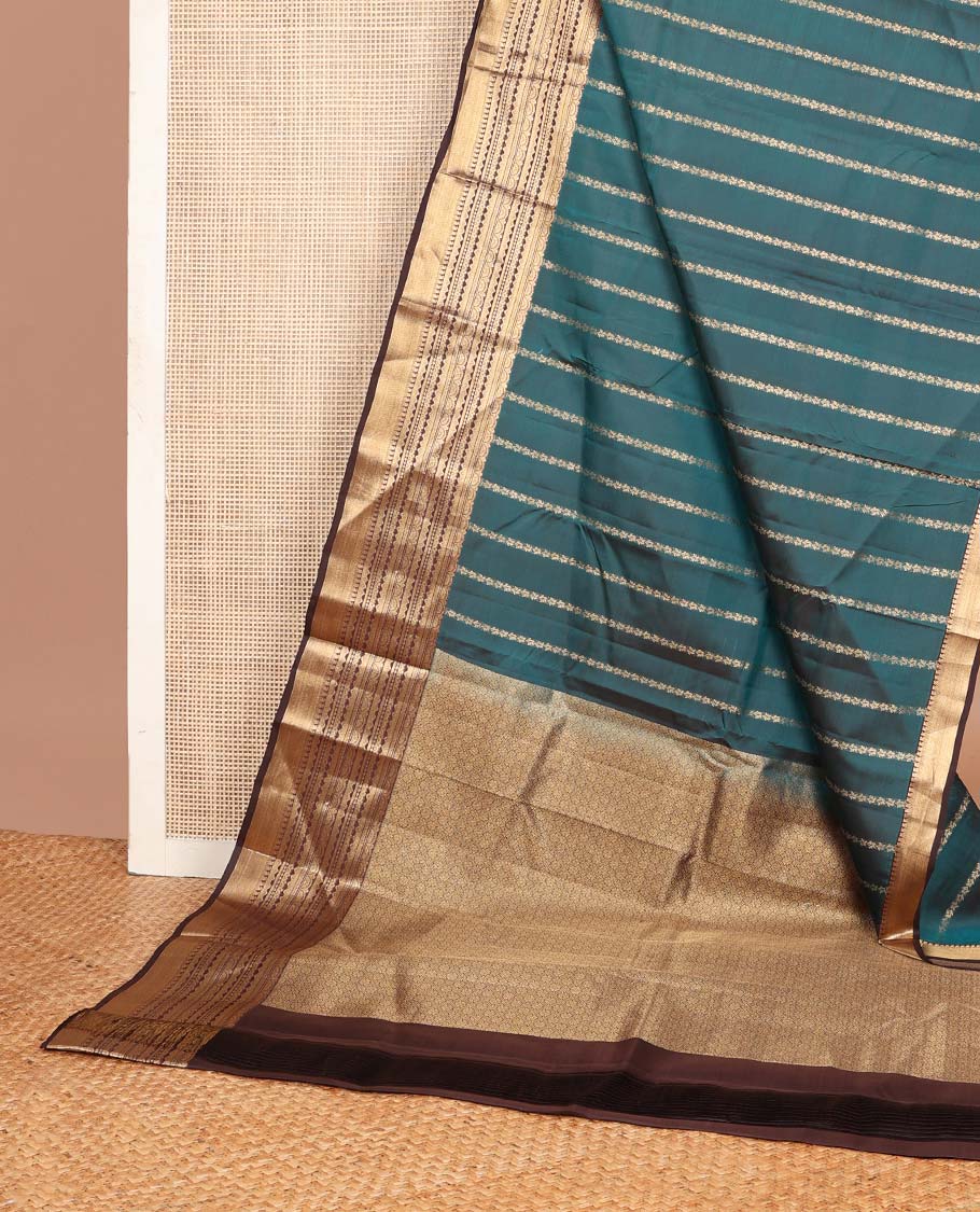 Peacock blue flower stripes Vasundhara silk mix saree, contrast scallop zari designs border & jaal pallu