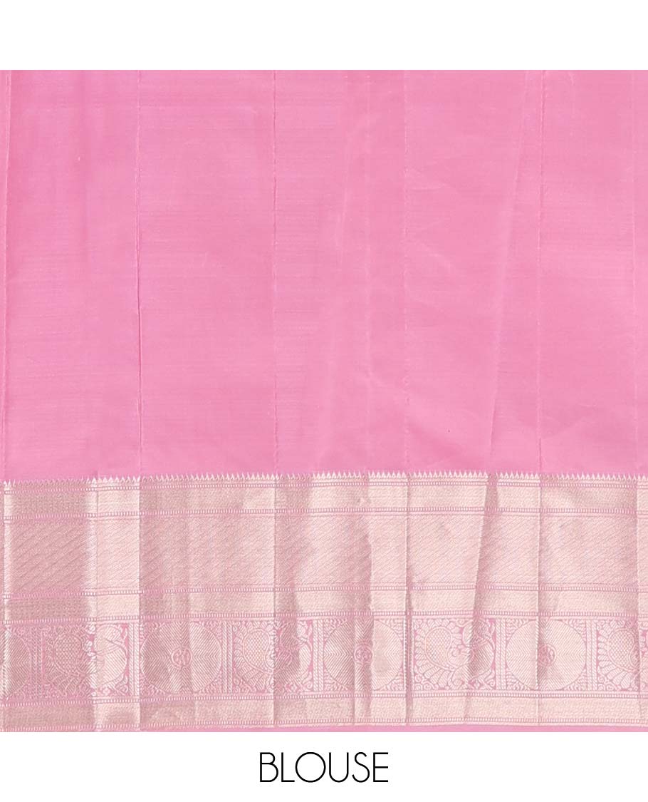 Peach zari buttas Vasundhara silk mix saree, contrast border of rekku, banaras, muthu, and mayil chakram design, and jaal pallu