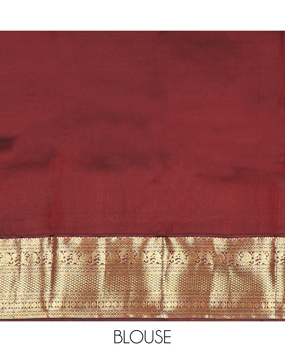 Enthralling Cream Vasundhara Lite-Silk Mix Saree Adorned with Zari Buttas, Complemented with a Contrast Border Featuring Muthu, Banaras, Neli, Manga, Mayil Kann, and Rudraksham Designs, Jaal Pallu, and a Contrast Blouse