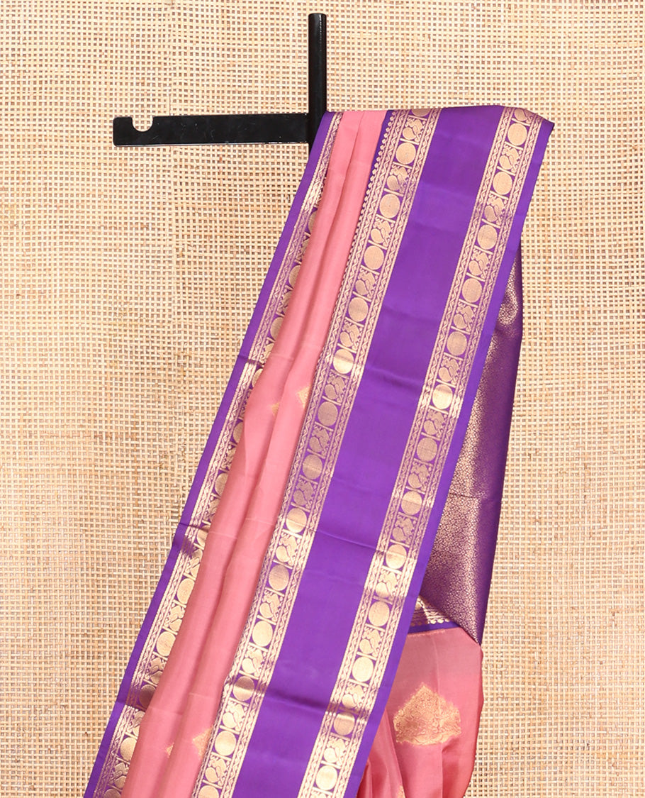 Pink Vasundhara Lite Silk Mix Saree, Adorned with Zari Buttas All Over Its Body, Complemented by Contrast Rettai Pettu Border of Thilakam Mokku, Neli, Poun, and Mayil Designs, and Zari Woven Pallu and Paired with a Contrast Blouse