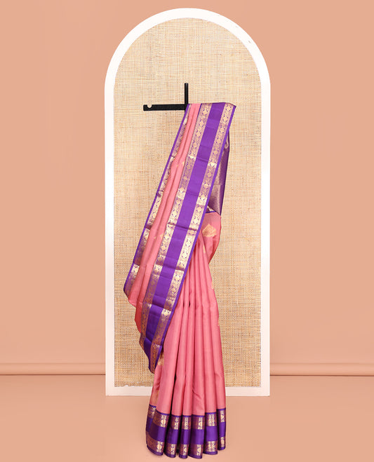 Pink Vasundhara Lite Silk Mix Saree, Adorned with Zari Buttas All Over Its Body, Complemented by Contrast Rettai Pettu Border of Thilakam Mokku, Neli, Poun, and Mayil Designs, and Zari Woven Pallu and Paired with a Contrast Blouse