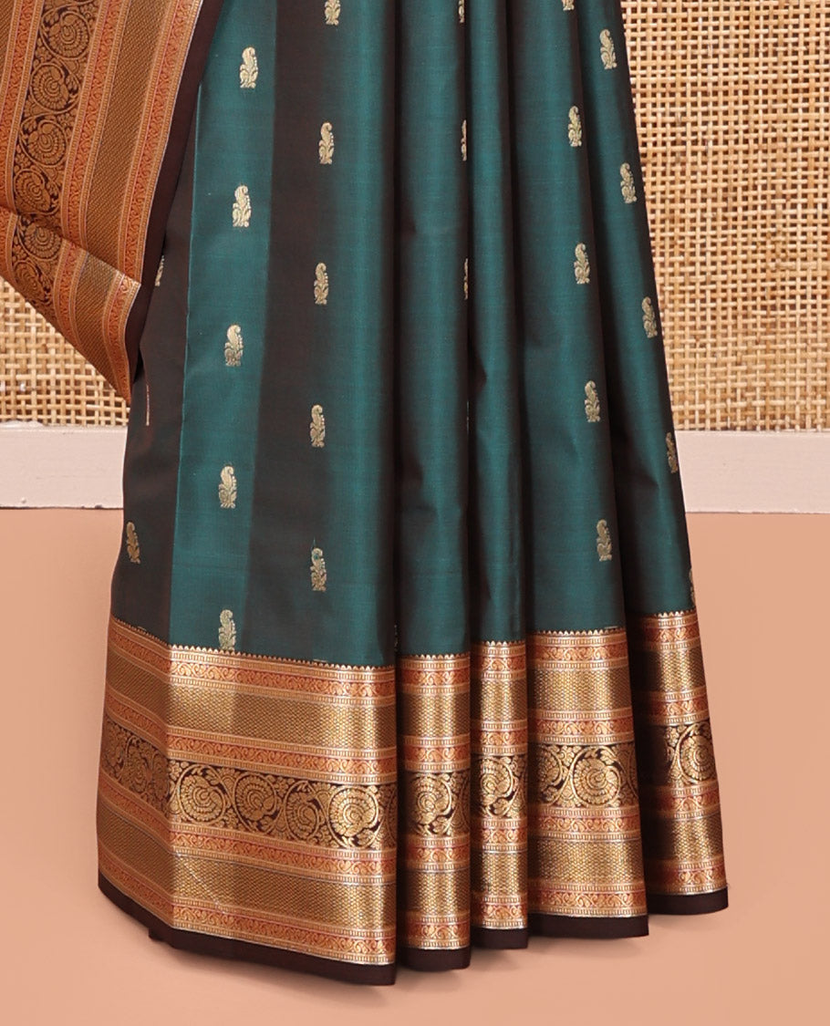Blue Vasundhara Lite Silk Mix Saree, Detailed with Zari Buttas All Over Its Body, Complemented by Contrast Border of Rekku, Manga Mokku, and Kodi Visiry Designs, Grand Jaal Pallu and Paired with a Contrast Blouse