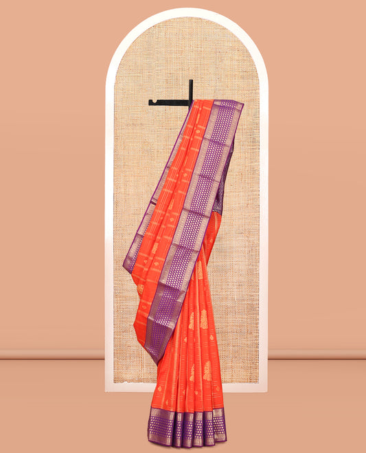 Orange Vasundhara Lite Silk Mix Saree, Graced with Zari Butta Enclosed Checks, a Contrast Traditional Border, Grand Pallu, and a Contrast Blouse