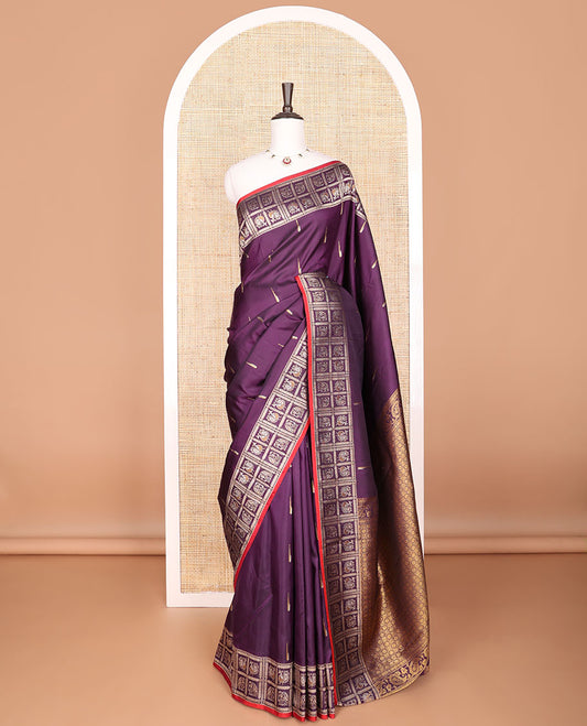 purple buttas kancheepuram silk saree with contrast animal design border & floral design pallu