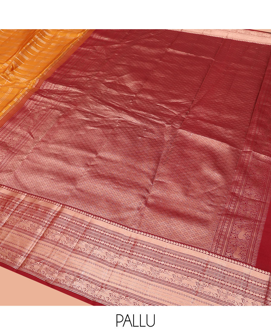 Orange Vasundhara Silk Saree Elevated with Zari Checks All Over Its Body, Complemented by a Contrast Border of Manga, Rudraksham, Yaali, Neli, and Muthu Designs, Zari Rich Jaal Pallu, and Paired with a Contrast Blouse