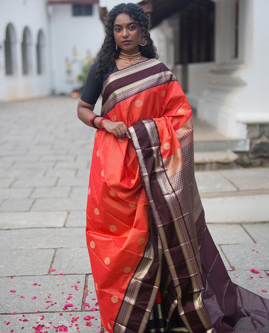 Reddish Orange-Coffee Brown Budget Silk Saree features Buttas and Vaira Oosi,Contrast Traditional Zari Rettai Pettu Border,Grand Pallu,and Contrast Blouse